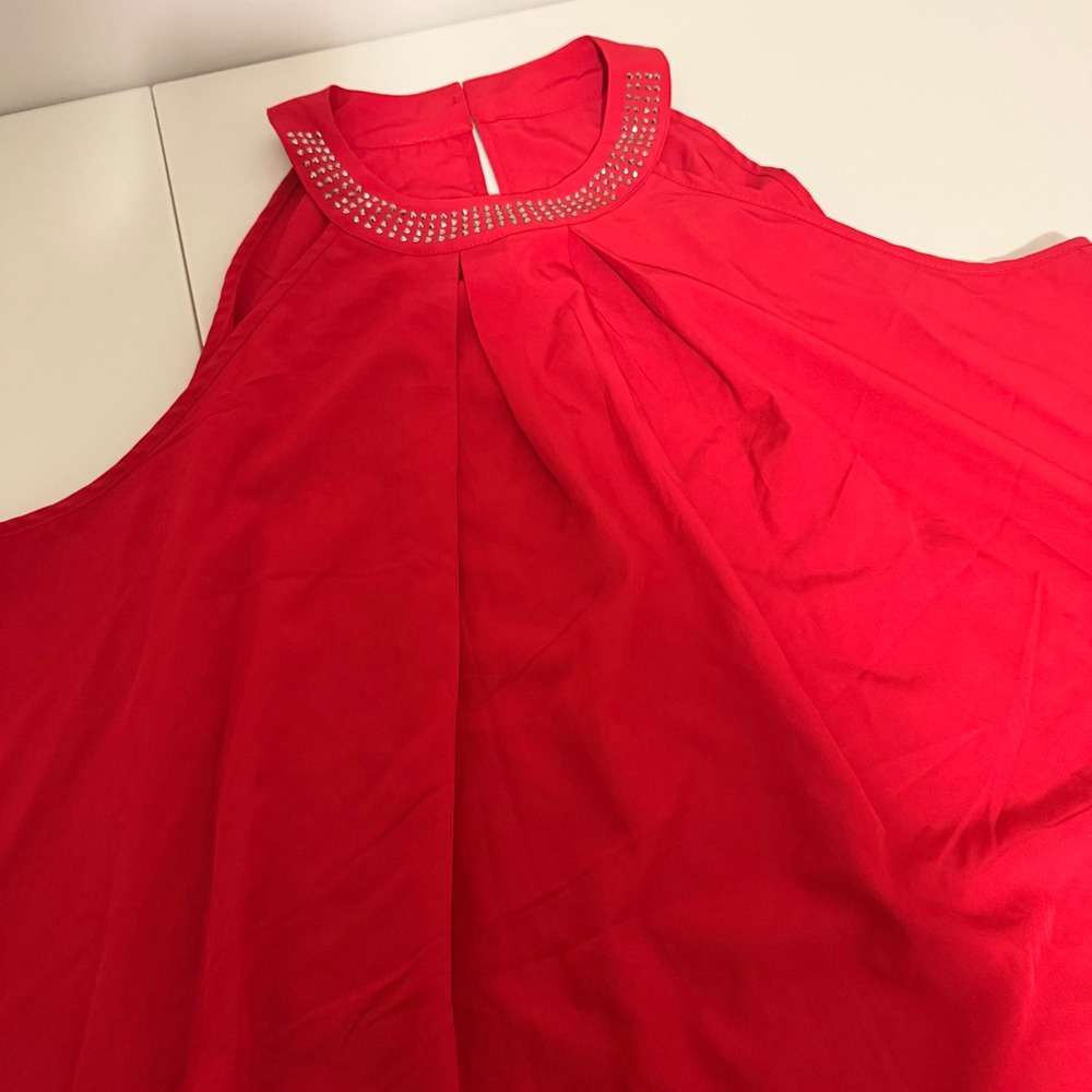 Red Rhinestone Halter Neck Pleated A-Line Tunic Sleeveless Top